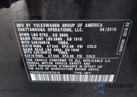 2018 Volkswagen Atlas 3.6L V6 Se from USA, damaged, VIN 1V2CR2CA5JC572215